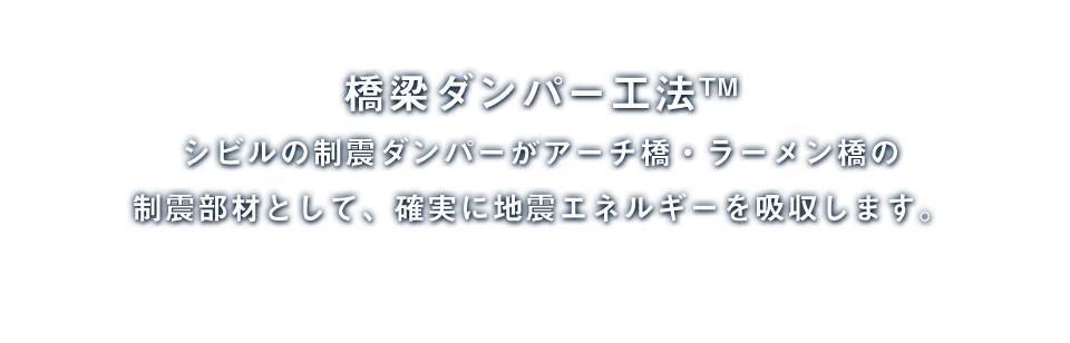 橋梁ダンパー工法TM  シビルの制震ダンパーがアーチ橋・ラーメン橋の制震部材として、確実に地震エネルギーを吸収します。