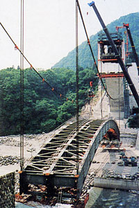 長大重量物を架設---「富山極楽橋メラン橋」リフトアップ工事 揚体重量600トン