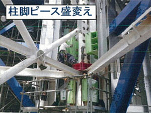 タワー解体工事でのジャッキ工法--柱脚ピース盛変え タワー解体工事でのジャッキ工法--柱脚ピース盛変え